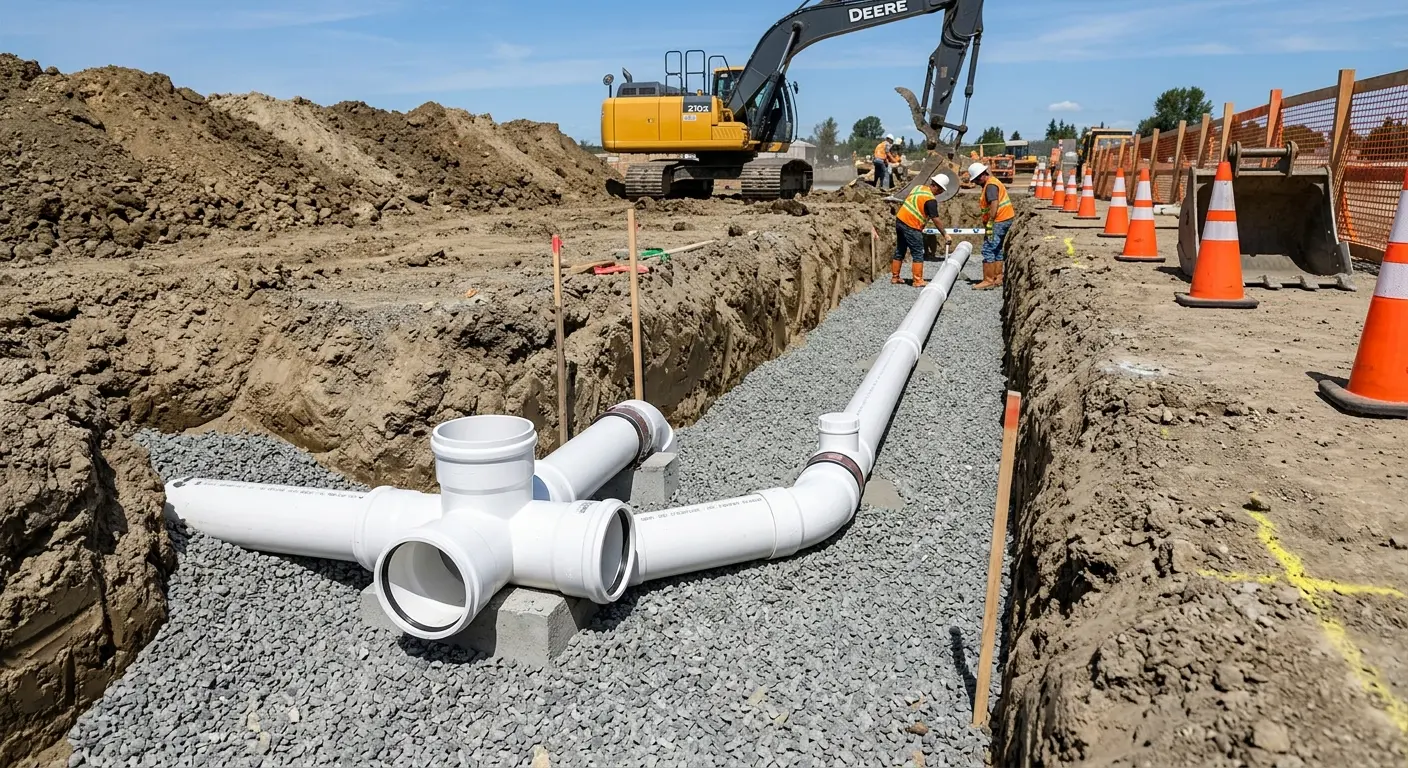 New PVC sewer pipe installation in open trench for Grease Trap Cleaning in Vineyard