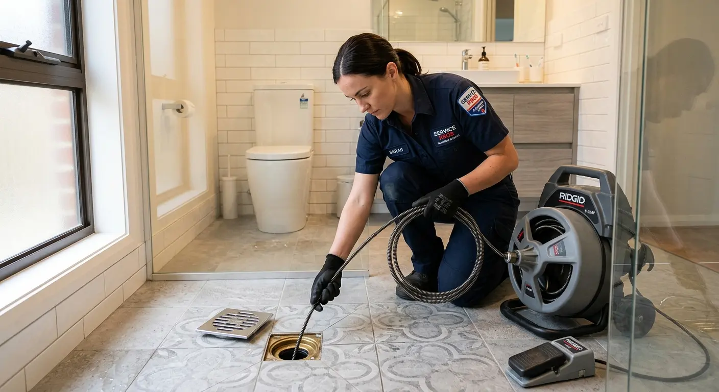 Technician clearing a bathroom floor drain for Sewer Line Installation in Vineyard